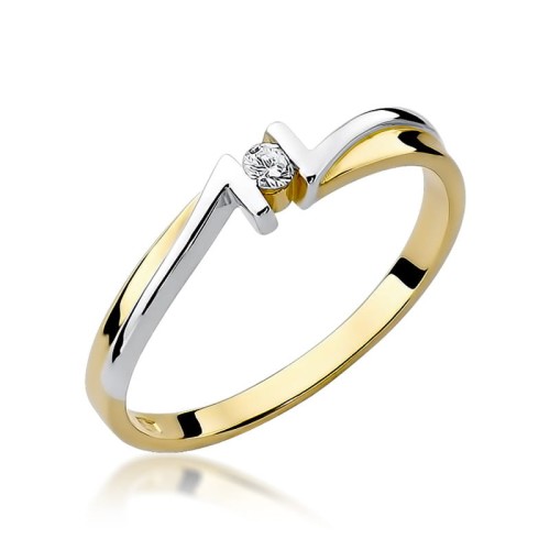Zaręczynowy pierścionek z białego żółtego złota brylant 0.04ct