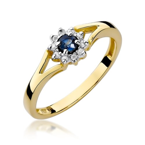 Złoty pierścionek ozdobiony diamentami i szafirem 0.15 ct
