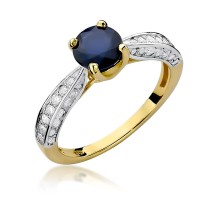 Złoty pierścionek zaręczynowy ozdobiony diamentami i szafirem 1.00 ct