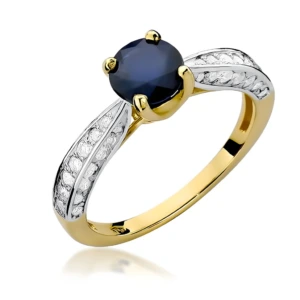 Złoty pierścionek ozdobiony diamentami i szafirem 1.00 ct